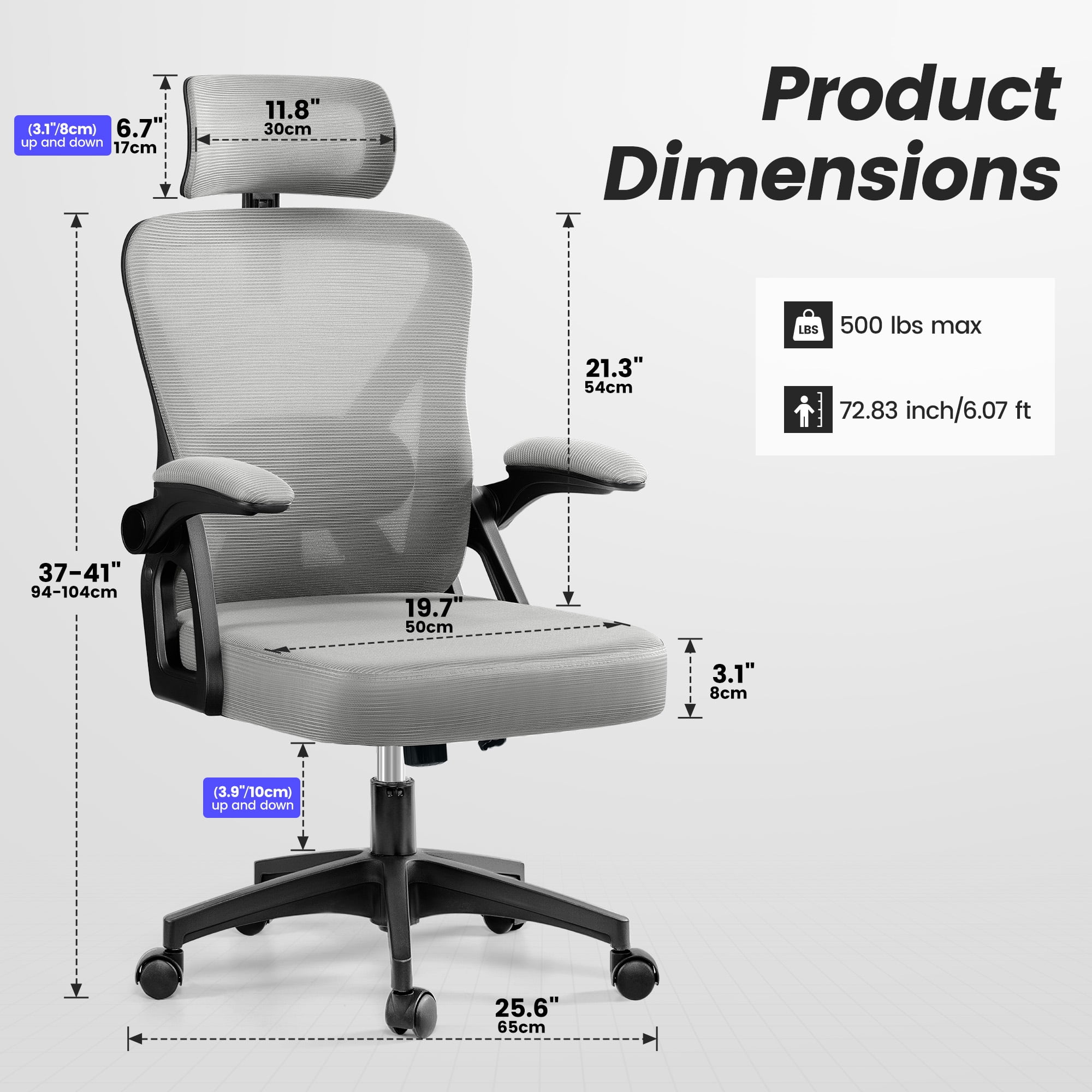 COOLHUT Ergonomic Office Chair, High Back Mesh Office Desk Chair with Headrest 500LBS, Executive Office Chair with Adjustable Aremrest, Home Office Swivel Desk Chair for Home Office, Light Gray