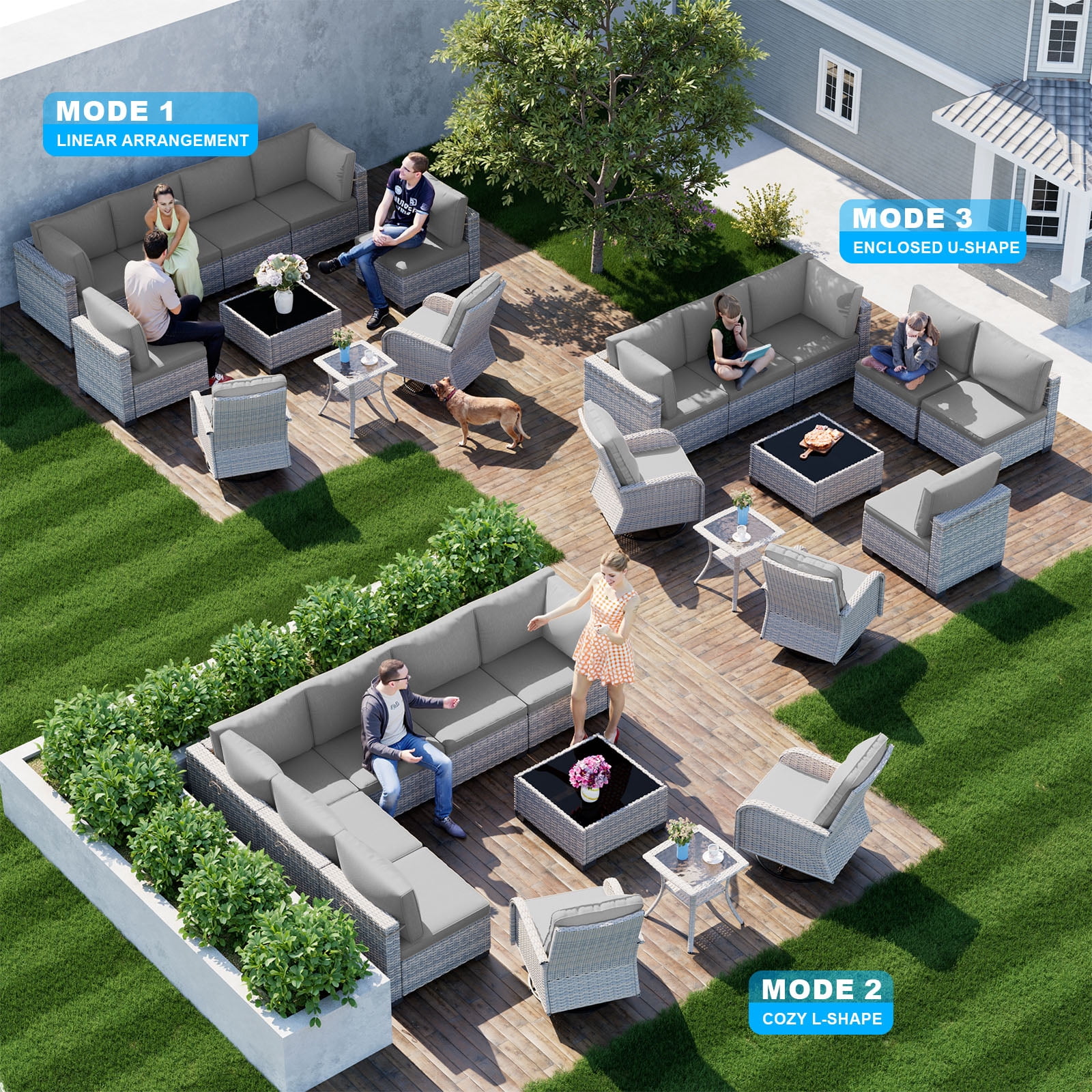 10-Piece Patio Furniture Set, Outdoor Patio Furniture with Swivel Chairs Set, Thick Cushions, Modular Patio Sofa, Dual-Strand Wicker Rattan, Rust-Resistant Frame, Grey