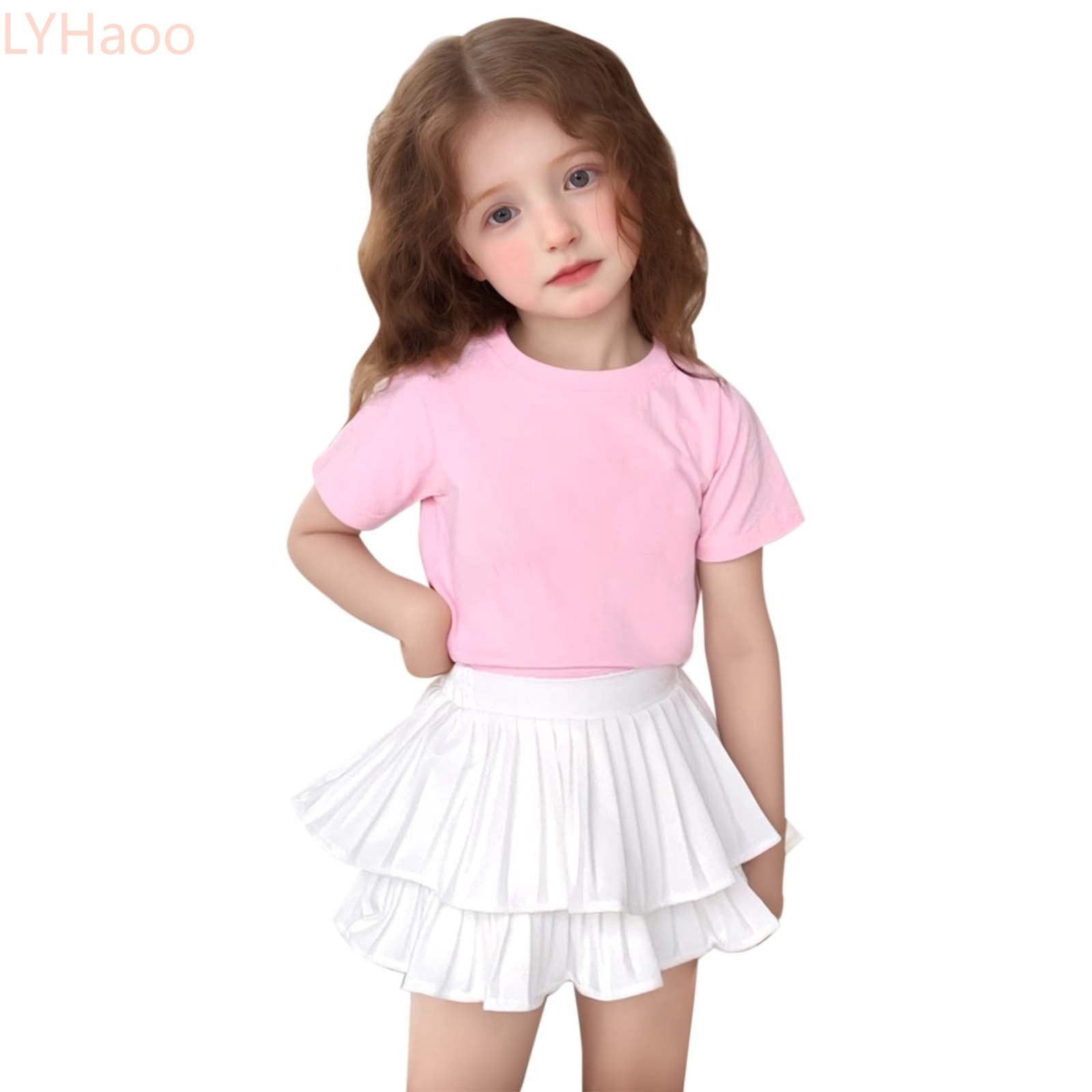 LYHaoo Girls Mini Pleated Skirt Skort For Toddler Girls Summer Ruffle Tutu Skirt With Shorts Underneath Princess Dresses for Girls Sizes 3-4 Years White