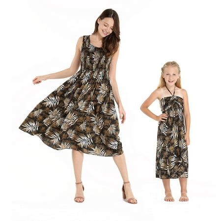 Butterfly Leaf Top - Mother & Daughter Matching Hawaii Luau Tank Elastic Dress Girl Butterfly in Leaves in Black 14