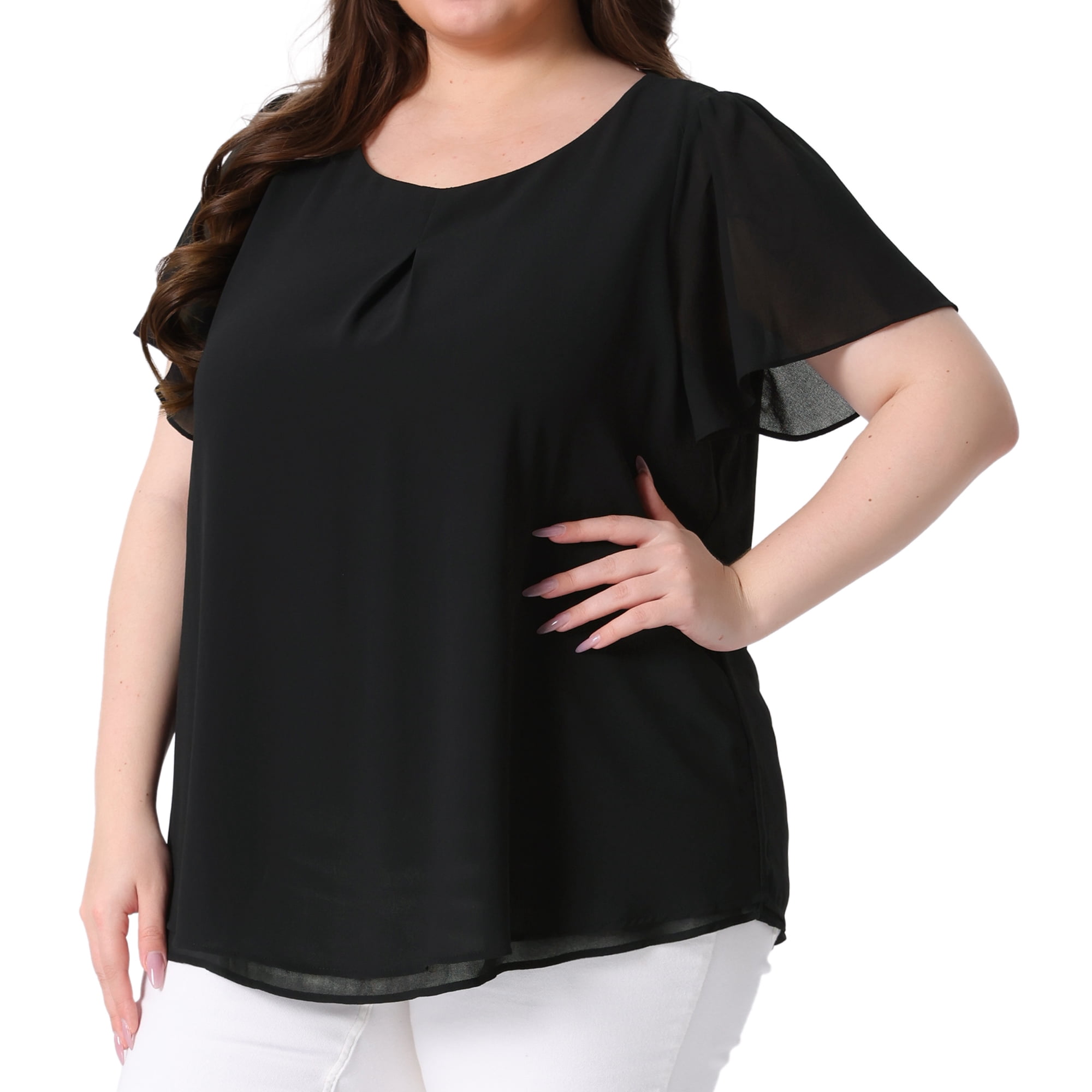 DARING DIVA Women's Plus Chiffon Ruffle Double-Layered Top 3X Black