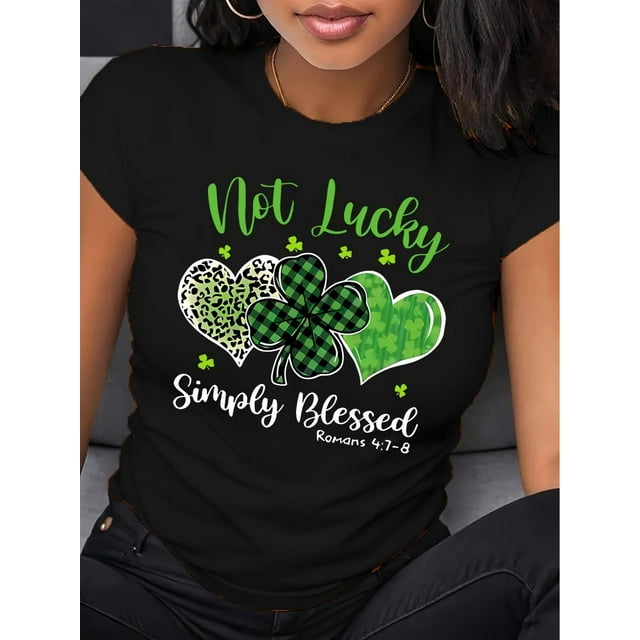St. Patrick's Day Plaid Clover, Leopard Heart, Christian Print T-Shirt, Casual Crew Neck Short Sleeve T-Shirt, Normal Length, Knitted Fabric, Suitable for All Seasons