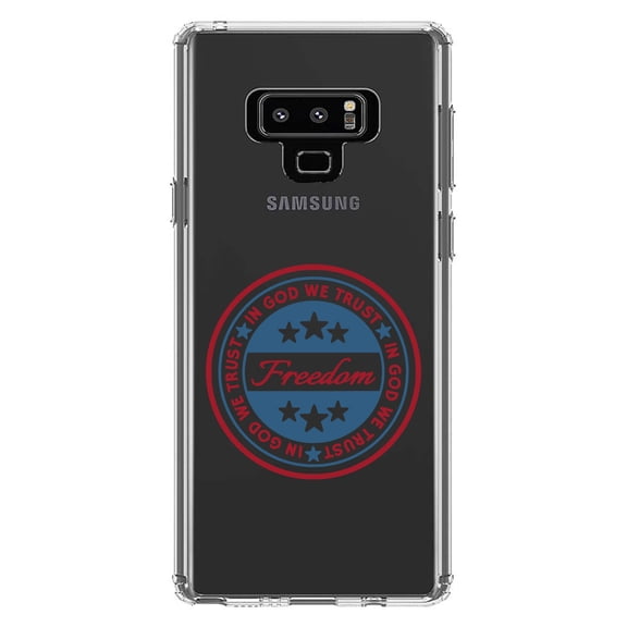 DistinctInk Clear Shockproof Hybrid Case for Samsung Galaxy Note 9 - TPU Bumper Acrylic Back Tempered Glass Screen Protector - Freedom Seal - In God We Trust