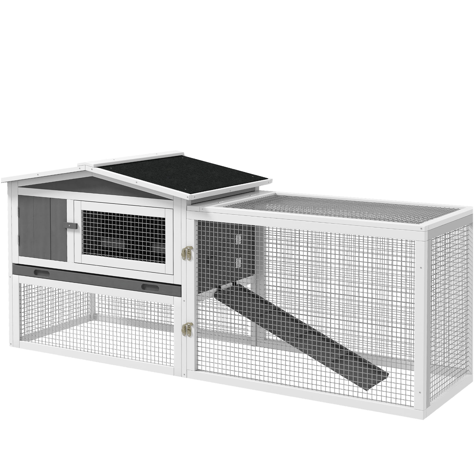 JERFIT 2-Story Outdoor Rabbit Hutch with Waterproof Asphalt Roof, Detachable Run & Slide-Out Tray, Large Wooden Bunny Cage House for Indoor Outdoor Use, Light Gray