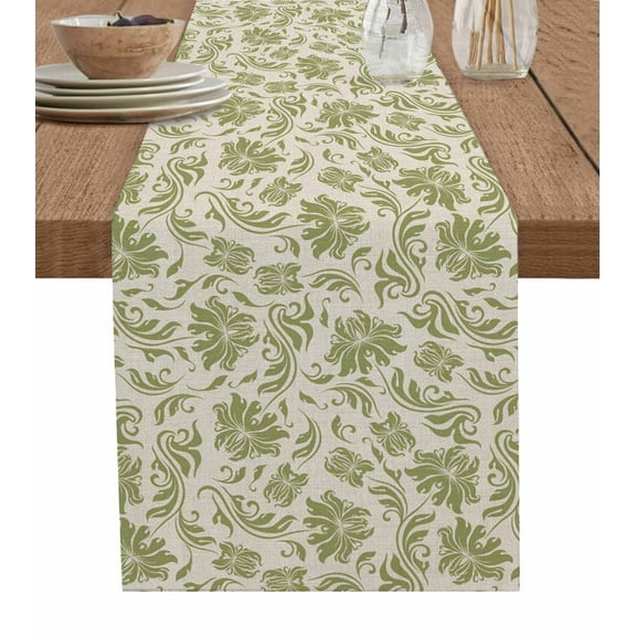 Table Runner Dresser Scarves 60 Inch Long,Sage Green Leaves Texture on Linen Linen Dining Table Runners Vintage Abstract Leaf Floral Tabletop Scarf for Wedding Holiday Party Kitchen