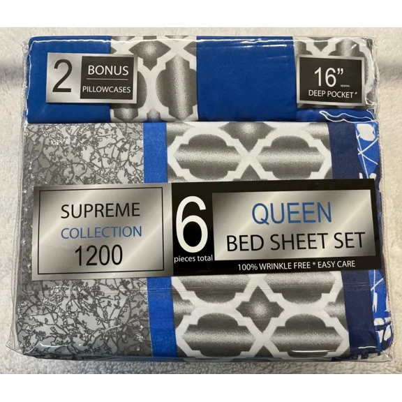 Supreme Collection 1200 Extra Deep 6 Piece Queen Size Sheet Set, Blue and Grey Geo