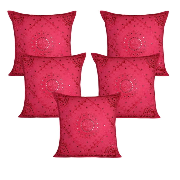 Stylo Culture Indian Couch Throw Pillow Covers 24 x 24 Big Hand Embroidered Pink Boho 60x60 cm Home Decor Cotton Mirrored Square Cushion Covers | Set Of 5