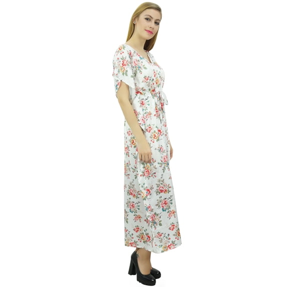 Bimba Women's Long Satin Maxi Drawstring Floral Kaftan Kimono White Gown - 12