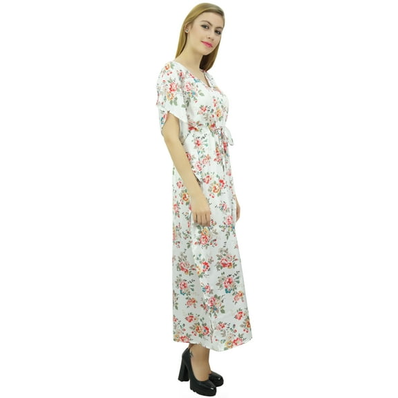 Bimba Women's Long Satin Maxi Drawstring Floral Kaftan Kimono White Gown - 12