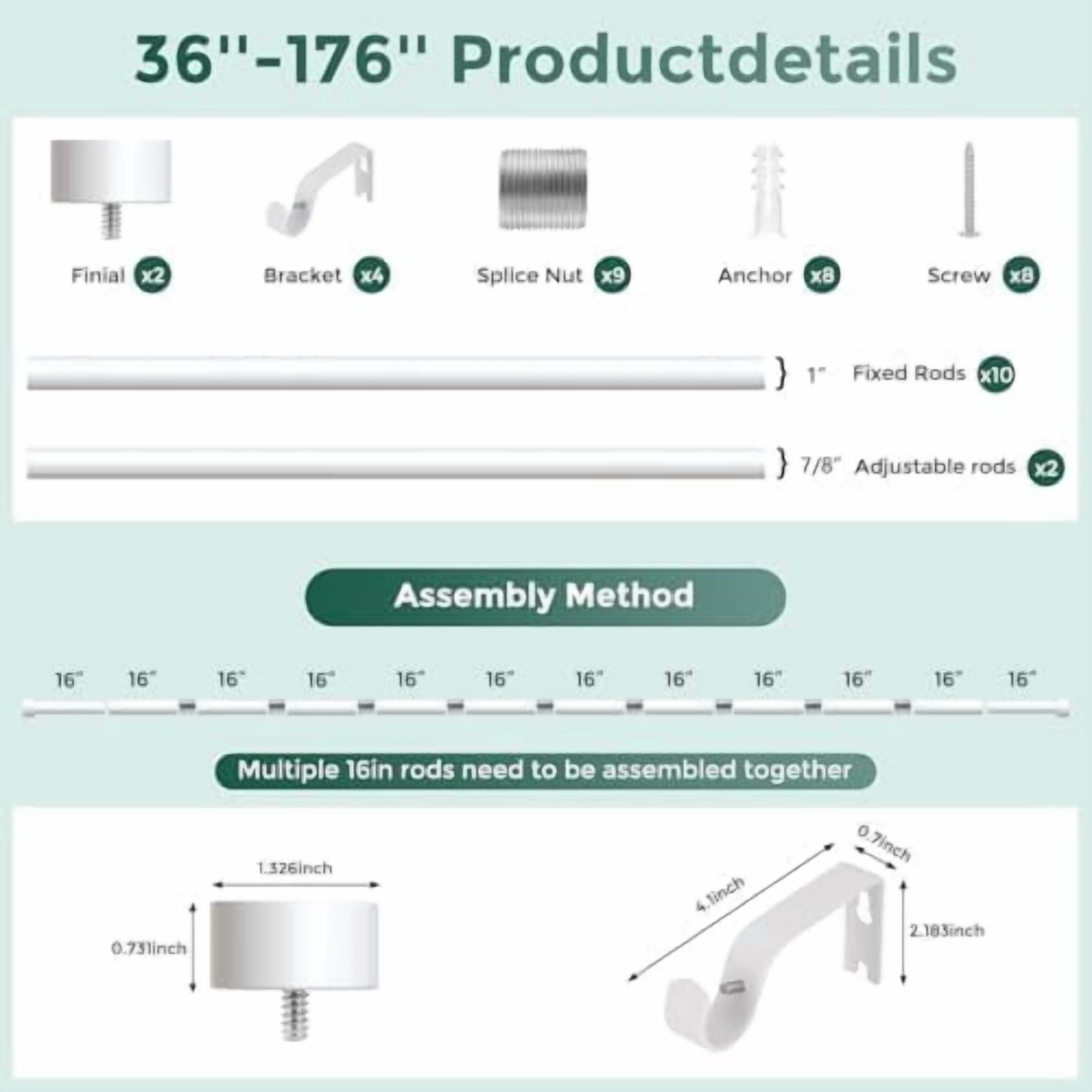 White Curtain Rods for Windows 36 to 176 Inch(3-14 Feet),1" Diameter Rods with Modern Style End Cap Finials,Size:36-176 Inch