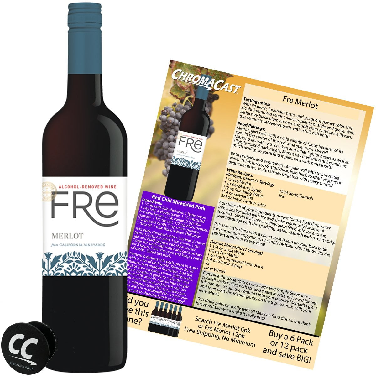 Sutter Home Fre Merlot Non-Alcoholic Red Wine Experience Bundle with Chromacast Pop Socket, Seasonal Wine Pairings & Recipes, 12/750ML Kit