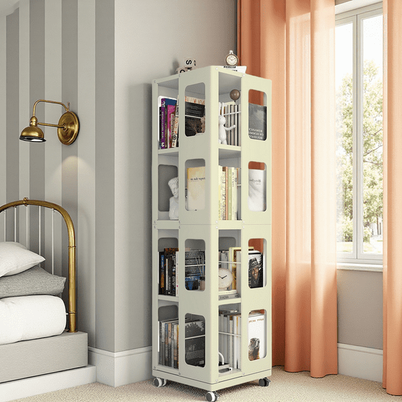 YINGYING Rotating Bookshelf, 360 Display Spinning Bookshelf Tower, 4-Tier Floor Standing Bookcase Storage Rack, Small Corner Bookshelf for Living Room,