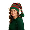 thumbnail image 2 of 16.1 Inch Christmas Elf Knitted Beanie Hat, Striped Xmas Costume Cap with Elf Ears & Pom‑Pom, Stretchy Winter Party Accessory Unisex for Men Women Adults, 2 of 5