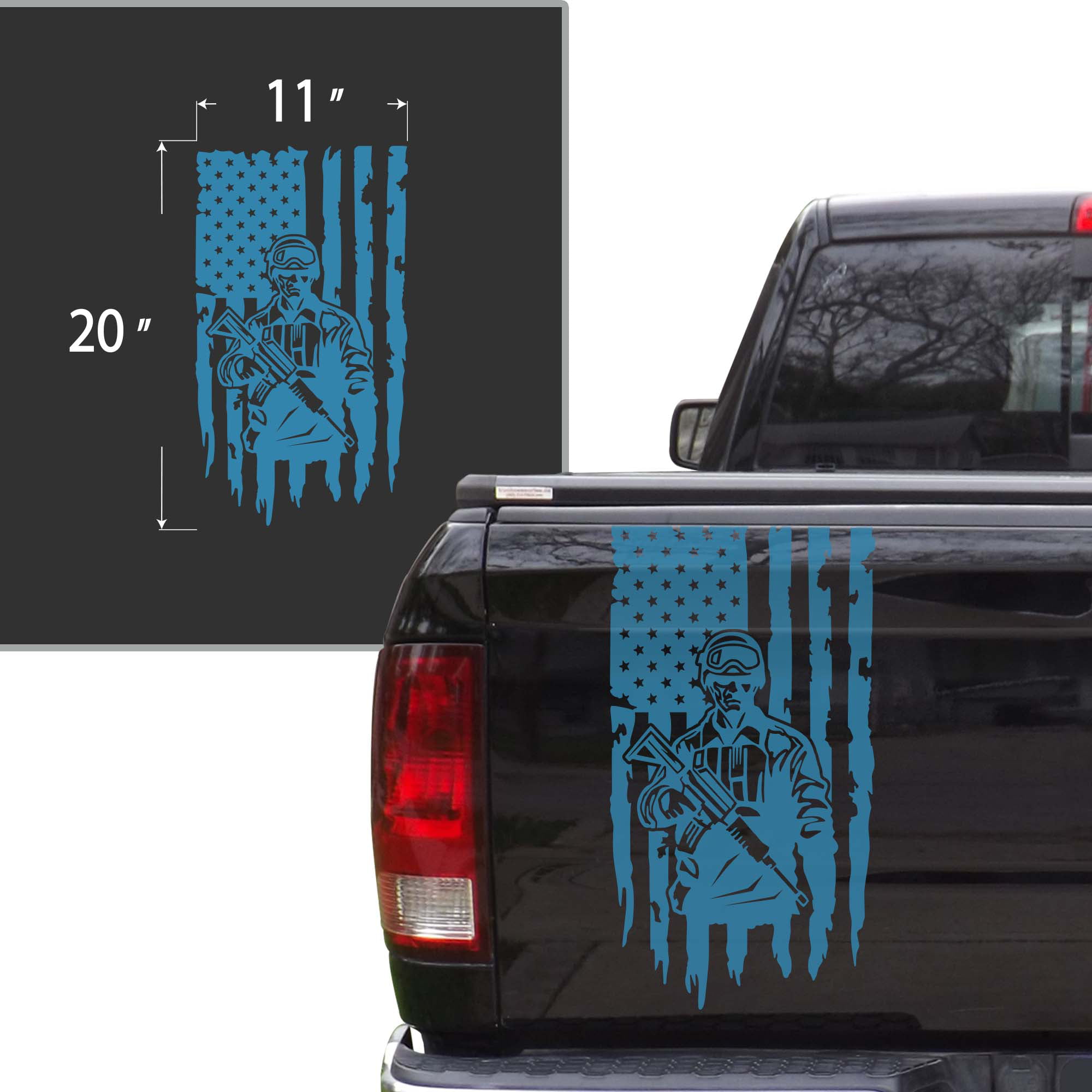Soldier Enlisted Man Fighter U.S. Army USMC USAF Distressed American USA US  Flag Truck Tailgate Vinyl Decal Fits most Pickup Trucks Military Sticker  Veteran Retired (11 x 20, Ice Blue) 