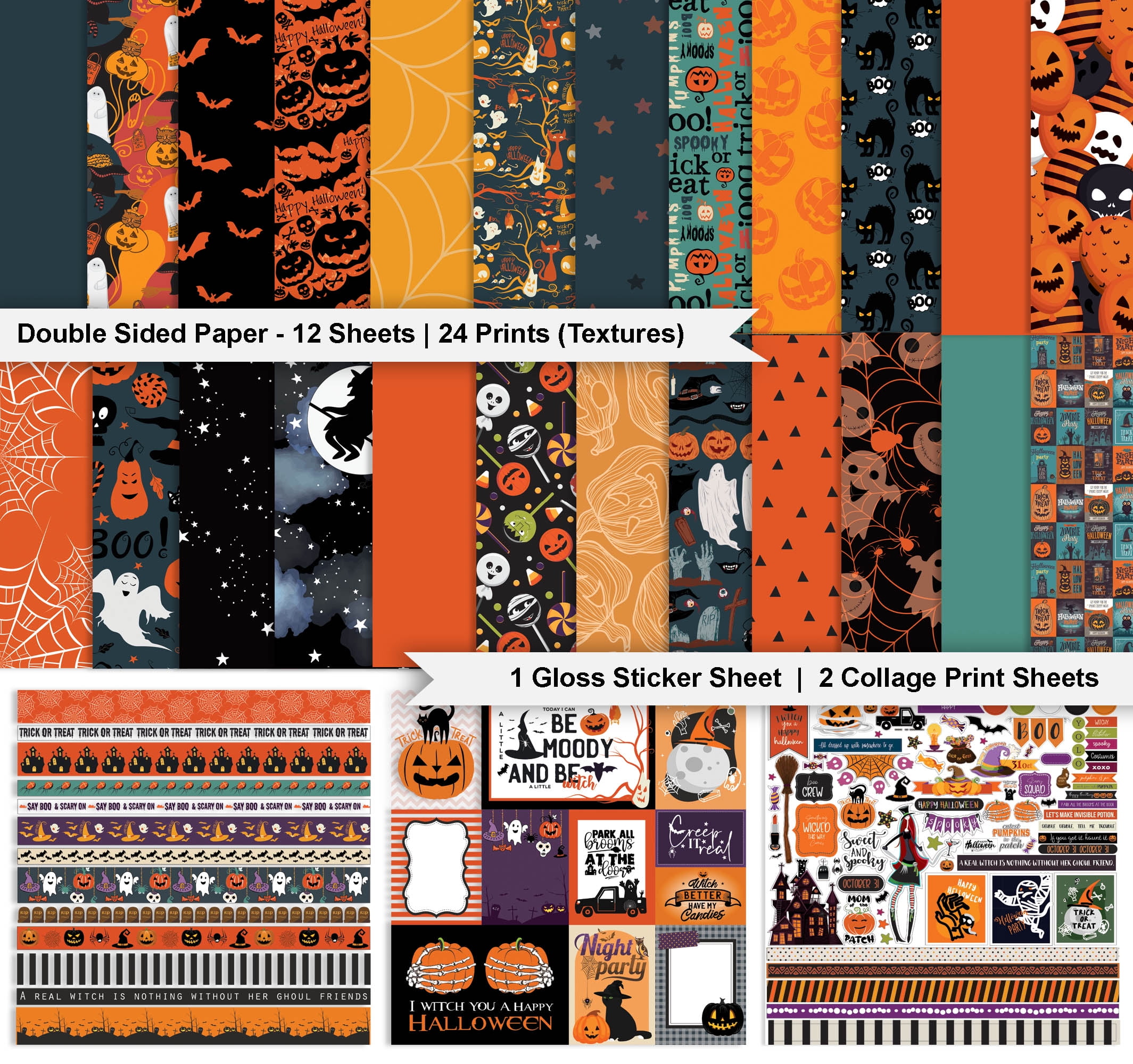 Inkdotpot Halloween Theme Collection Double-Sided Scrapbook Paper Kit Cardstock 12"x12" Card Making Paper Pack With Sticker Sheet - 16 Pages - Orange & Black