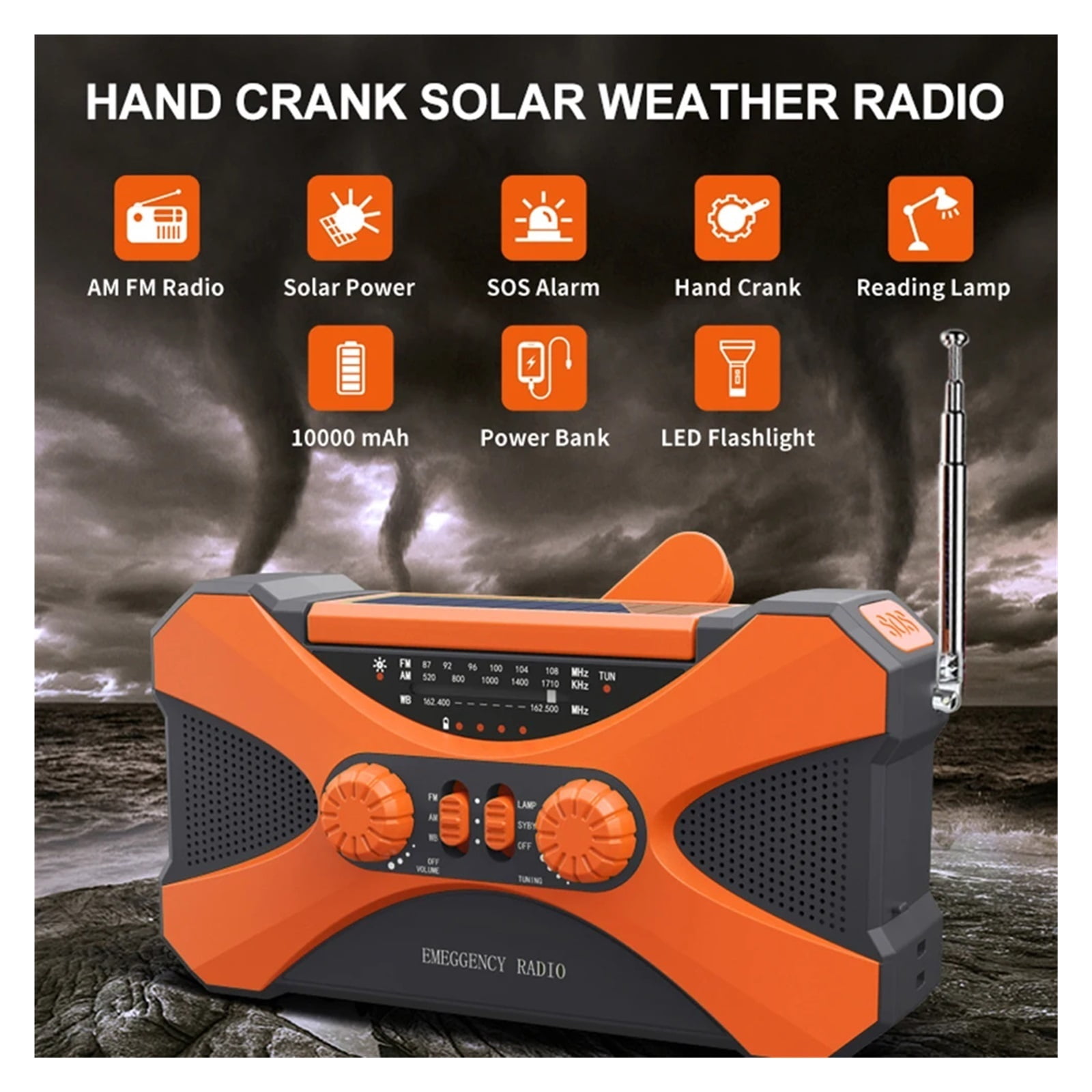 Emergency Flashlight Torch 10000mAh Power Bank Multifunctional Radio Hand Crank Solar USB Charging FM AM WB NOAA Weather Radio
