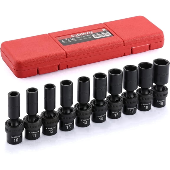 CASOMAN 10 PCS 3/8" Drive Deep Universal Impact Socket Set, 6 Point, CR-MO, Metric,10-19mm, Swivel Socket