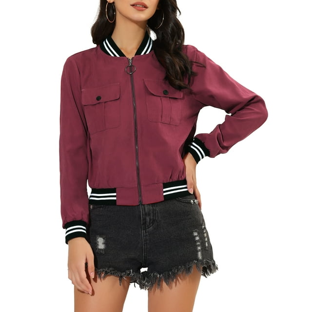INSPIRE CHIC Veste pour Femme Col Montant Manches Longues Fermeture Éclair Poche à Rabat Blouson Bomber L Bourgogne