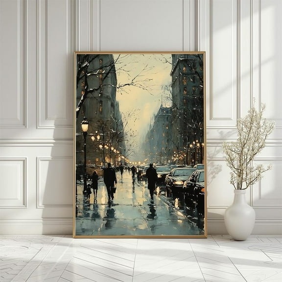 Rainy Cityscape Art Poster: Melancholic Winter Street View, Size 8x12 UNFFRAMED F03.1.7l2113