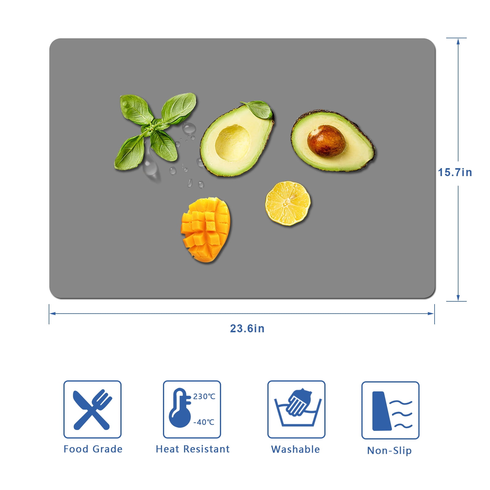 Panzexin 1-Pack Food-Grade Silicone Mats, Non-Slip, Heat-Resistant & Waterproof, 23.6" x 15.7" Table Placemats, Dough Mats- Gray