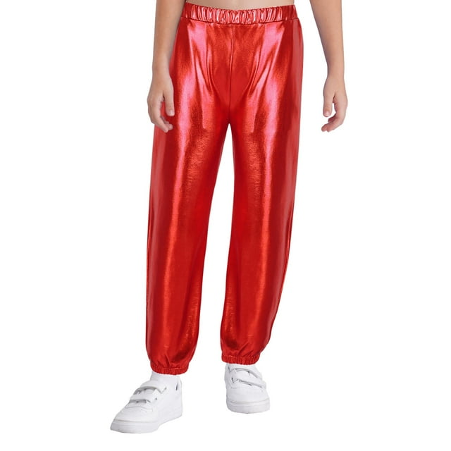 renvena Enfants Filles Garçons Taille Élastique Pantalon Sarouel Métallique de Danse Hip-Hop Jazz Danse de Rue Pantalon Athlétique Rouge 8