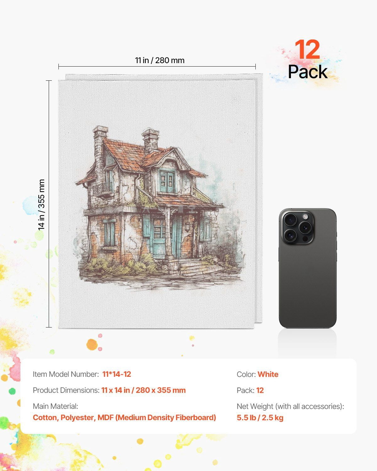 Canvas Boards for Painting 12 Pack 11 x 14 Inch Blank Canvases with 3mm Thick MDF Board, Pre-Treated with Gesso, Kid-Friendly, Suitable for Acrylic, Oil, Watercolor, Sketching, Art Projects, and Gift
