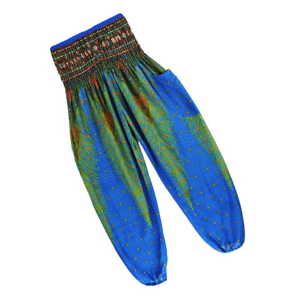 Pantalones harén coloridos con forma de pavo real, cintura fruncida, estilo hippie, para playa, verano y casual. Azul