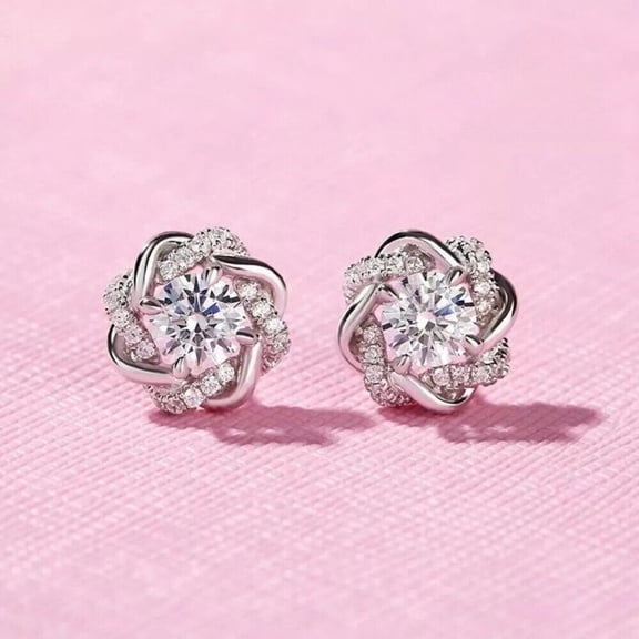 Gems Jewels 2 Ct Round Cut Diamond Halo Push Back Stud Earring's 14K White Gold Plated For Women's 925 Sterling Silver