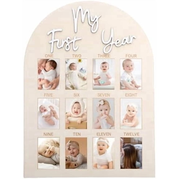 First Year Wooden Photo Board, Baby Milestone Picture Frame Sign, 1st Birthday Decoration and Keepsake Gift
