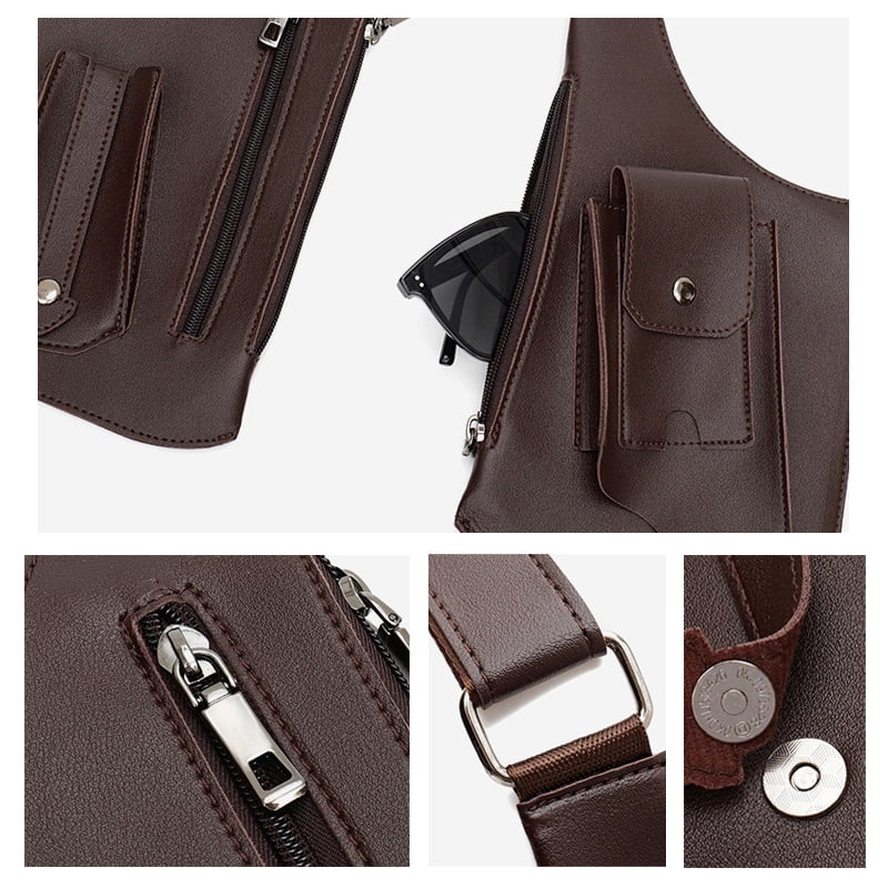 Unisex Anti-Theft Leather Double Shoulder Chest Bag, Adjustable Vest-Style Sling Bag with Multi-Pocket Pouch Wallet Design for Phone, Keys And Passport