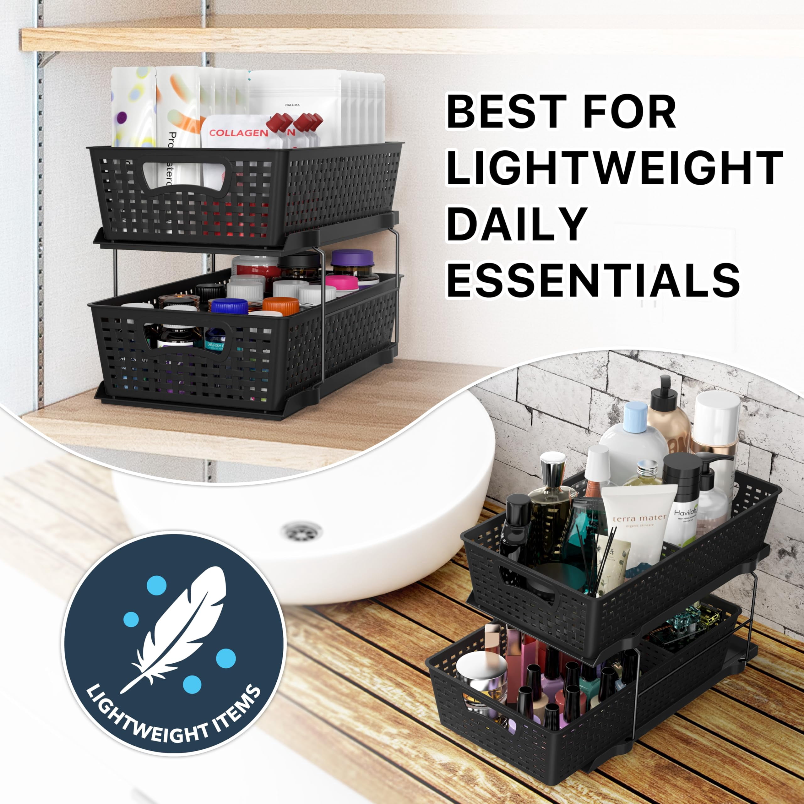2 Tier Bathroom Organizer Tray Pull-out Sliding Drawer  Under Sink Storage Black