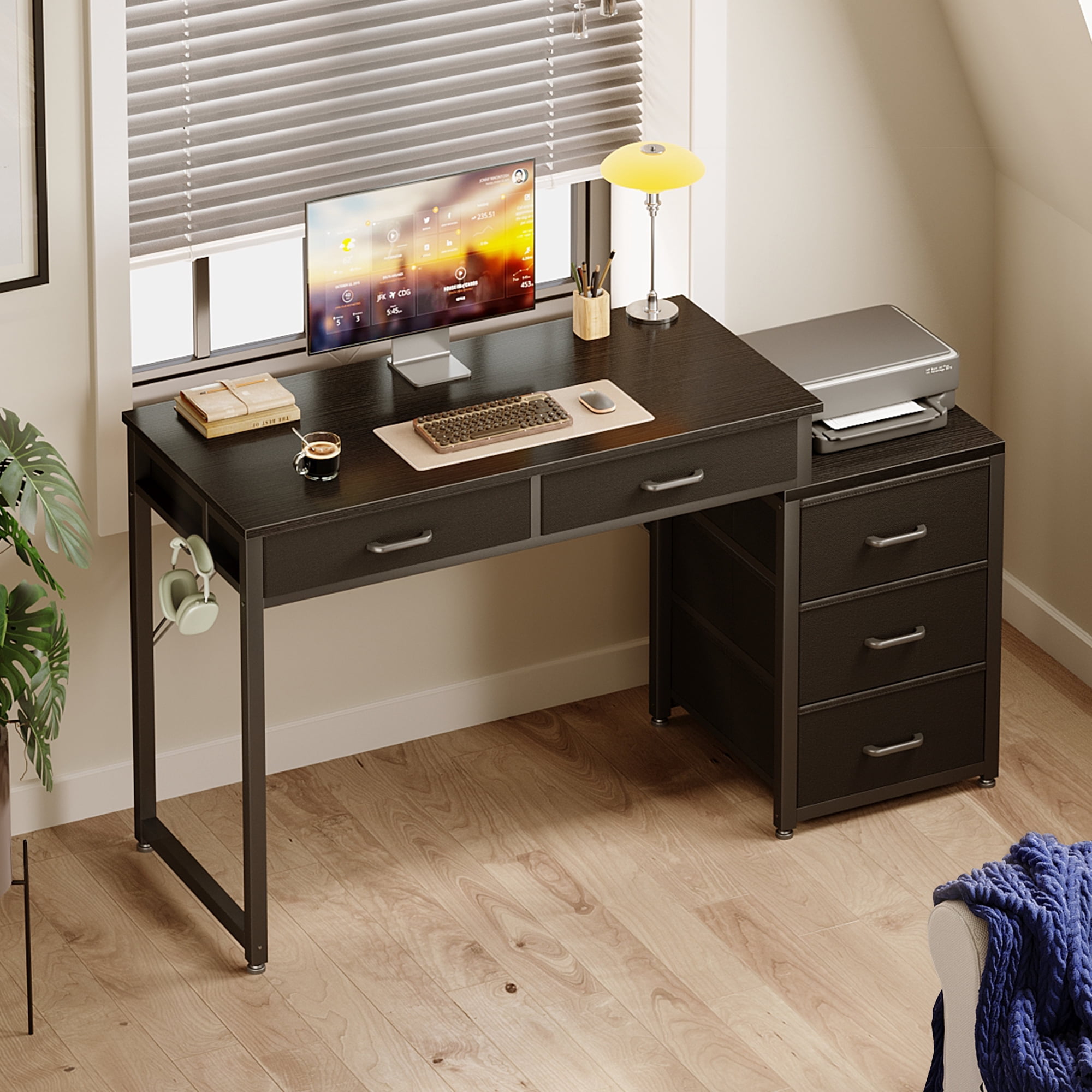 Casacomoda Computer Desk with 5 Drawers, Reversible Home Office Desks with Printer Stand, Study Writing Table Workstation for Small Spaces, Black