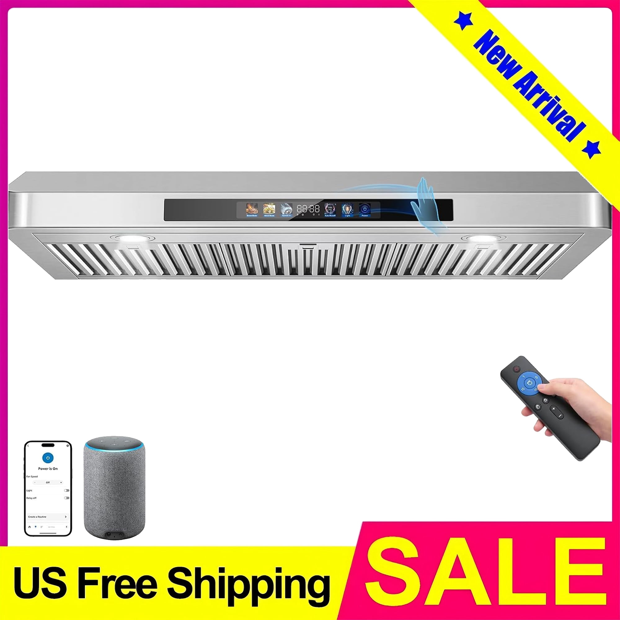 42 inch Under Cabinet Range Hood 900 CFM Smart Kitchen Vent Hood with Voice Gesture Remote Touch Control Dual Motor Stove Hood w/ 4-Speed LED Lights Works with SmartLife Google & Alexa silver Tieasy