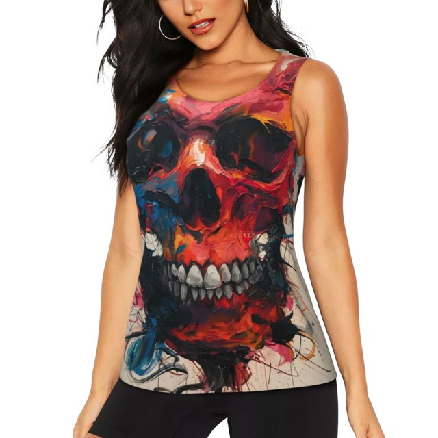 Fotbe Abstract Colorful Skull Art Blusas Sin Mangas para Mujer – Estilo Casual, Corte Suelto, Slim-Fit, Cuello Redondo Deportivo, Tops de Verano para Gimnasio y Yoga-Large
