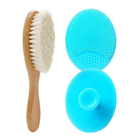 2 Pack Silicone Baby Bath Brush + Wool Sponge Brush - Washcloths Cradle Cap Fit for Wash,Bath and
