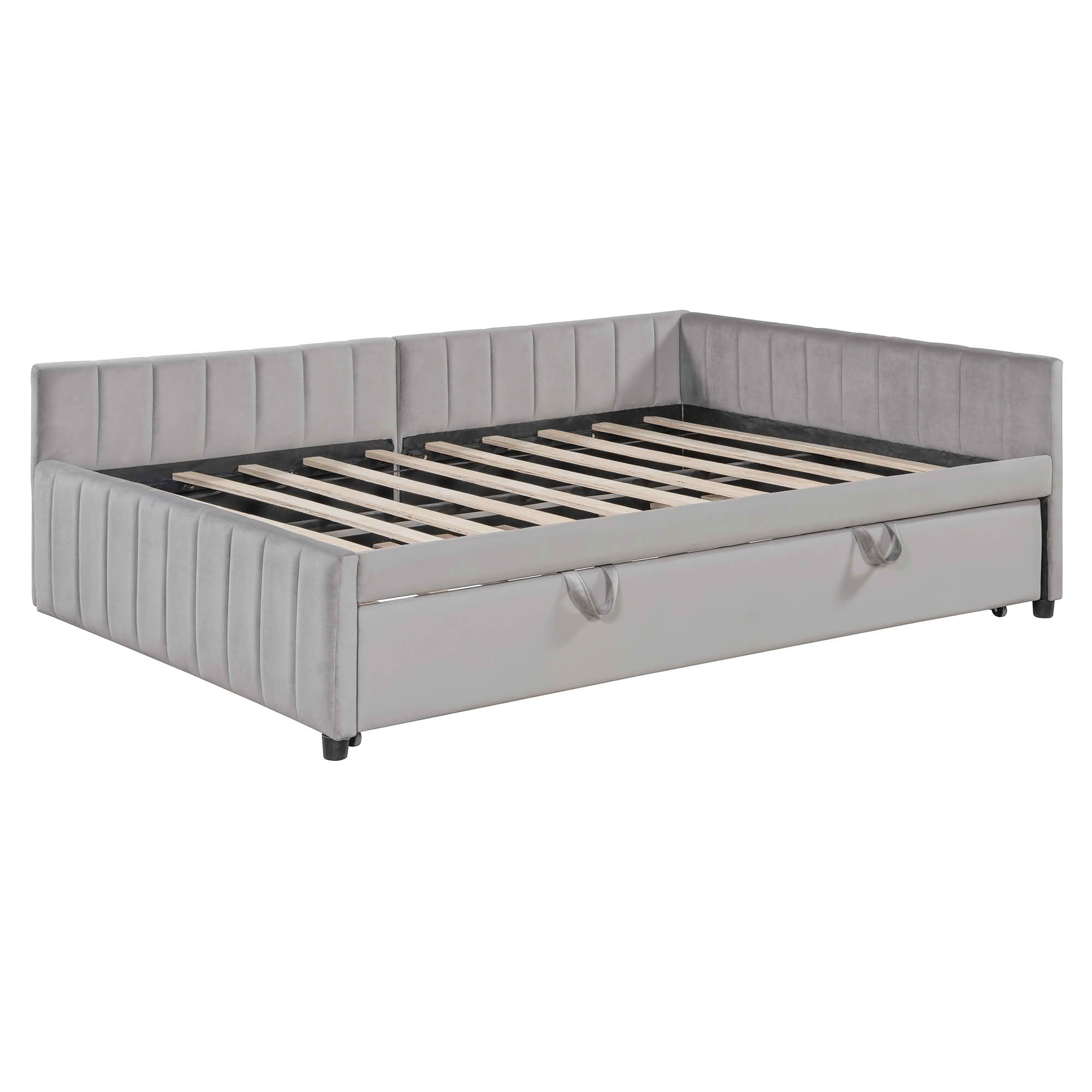 MAYEERTY Striped Upholstered Daybed with L-Shaped Backrest & Pop-Up Pull-Out Trundle, No Box Spring Needed