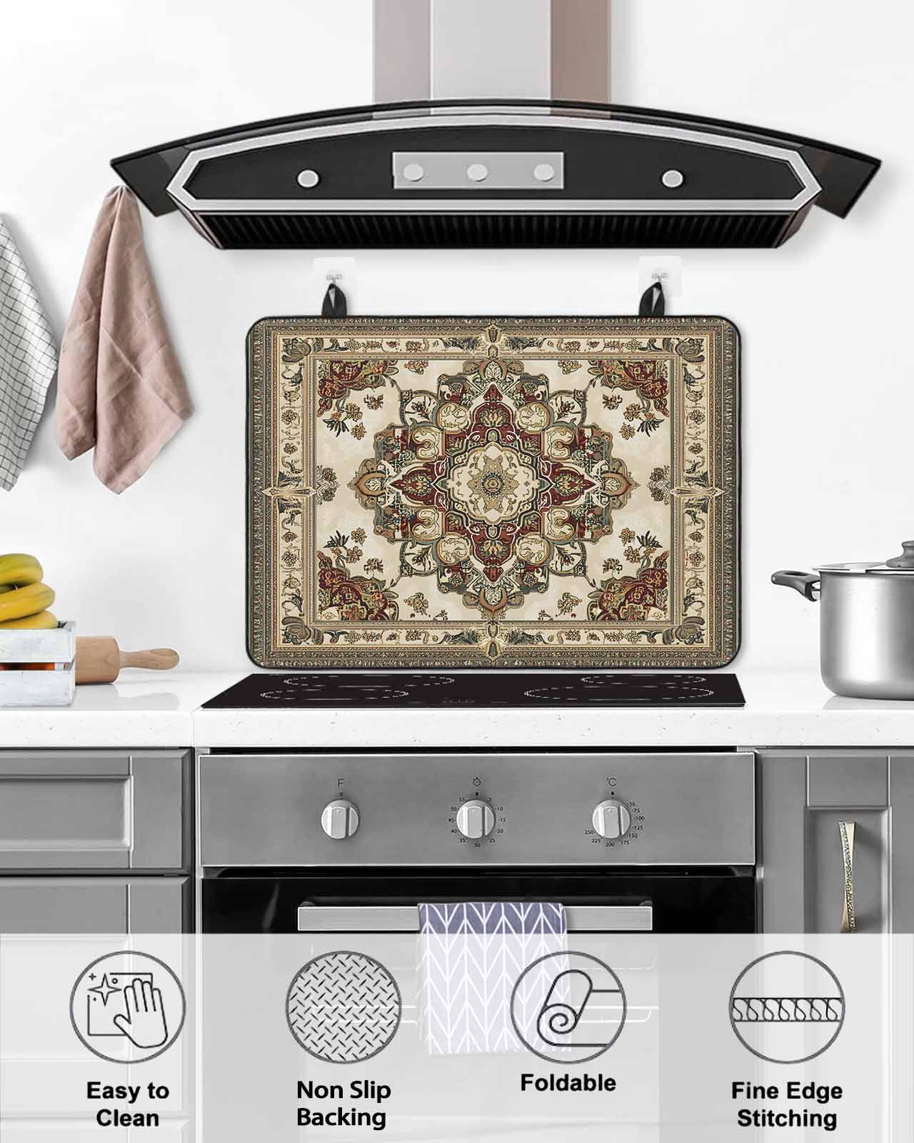 nqOlkjepod Large Induction Cooktop Protector Mat 36"x21", Brown Floral Stove Top Covers for Electric Stove, Bohemian Vintage Ethnic Tribals Decorative Stove Burner Cover Mats, Glass Top Stove Cover