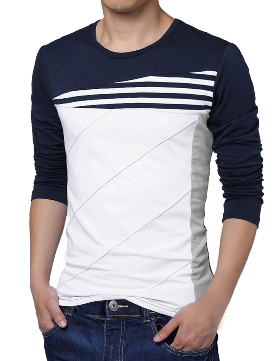 Men Color Block Striped Panel Round Neck Long Sleeve Pullover T-shirt ...