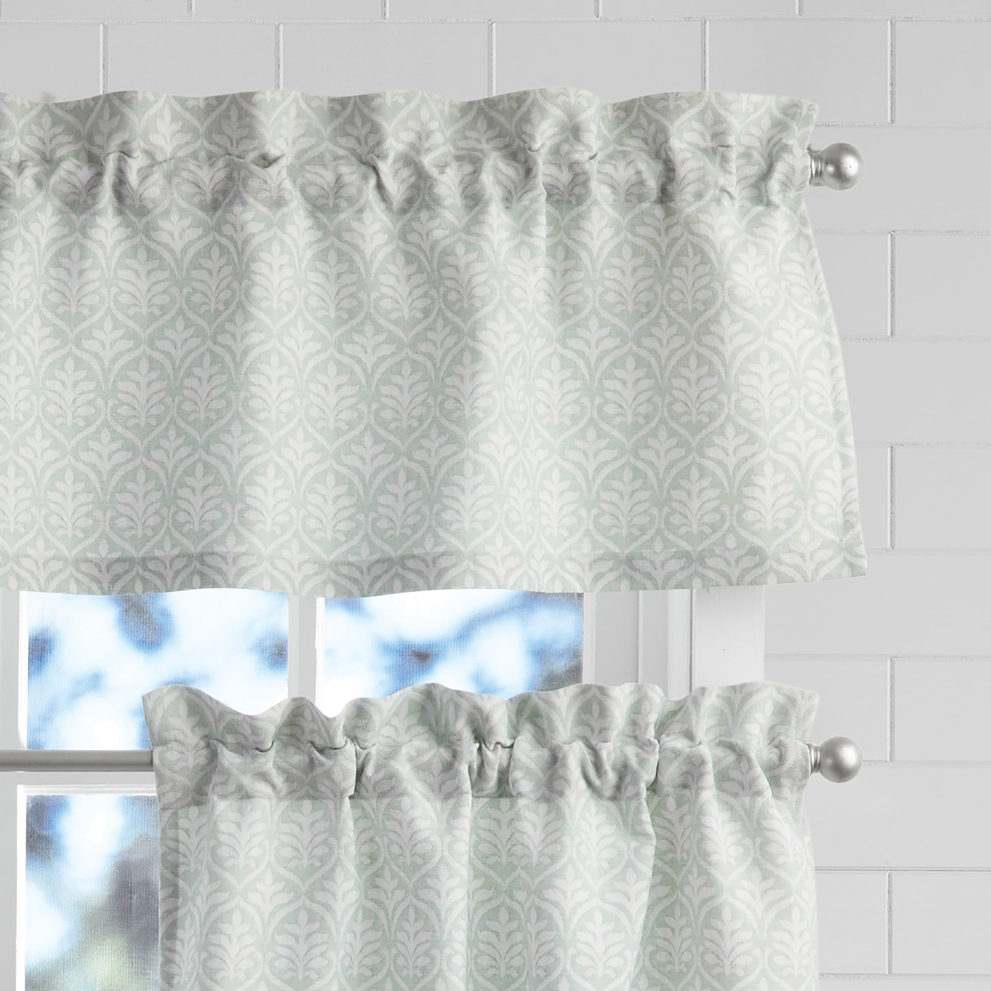 Mainstays 3 Piece Printed Tiers and Valance Set - Green Leaf, Seafoam, Recycled Polyester, BCI Cotton, 56"W x 14"L, Indoor Curtain, Adult