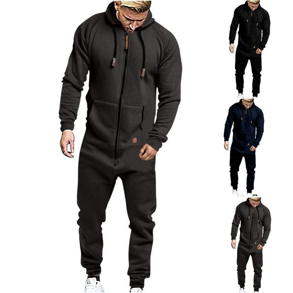 Jinhomg Mens Hooded Onesie Jumpsuit Casual Full Zip One-Piece Tracksuit Long Sleeve Athletic Rompers with Pockets Male Jogger Sweatsuits Black XXXL