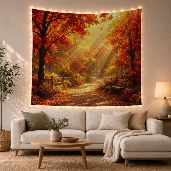 Autumn Forest Path With Golden Sunbeams and Fallen Leaves, Serene Vintage for Nature Enthusiasts, Forest Wall Art Decor, Thanksgiving Gift, Tapestry Wall Hanging for Living Room and Bedroom