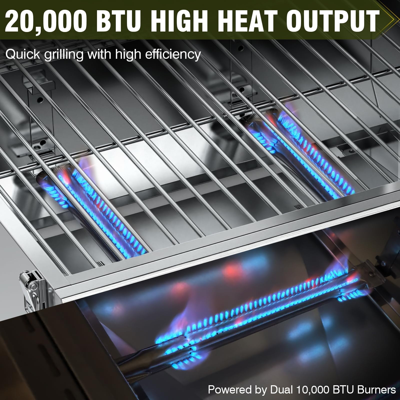 FRIZI 2-Burner Tabletop Gas Grill with Viewing Glass Lid, 20,000 BTU Stainless Steel Portable BBQ Grill with Thermometer and Push-Button Ignition for Camping, RV, Patio, and Tailgating