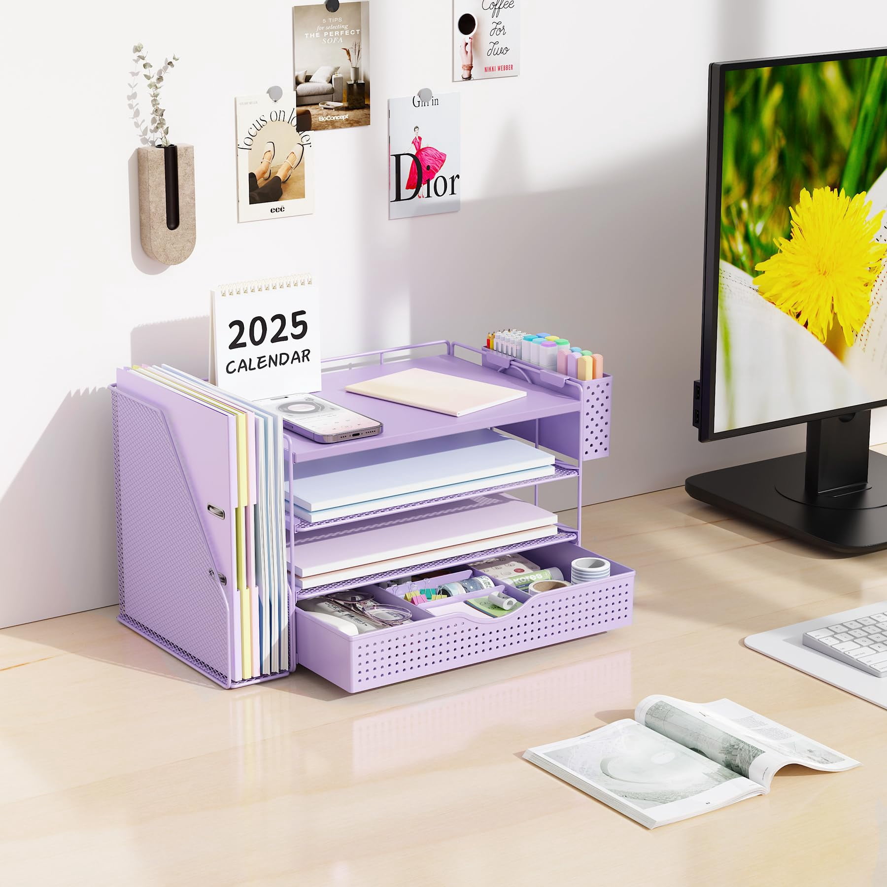 Wood Desk Organizers And Accessories With File Holder  4-tier & Workspace Drawer Pen Paper Organizer For Office Supplies (purple)