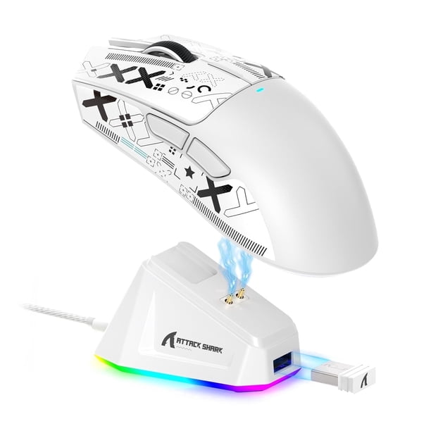 ATTACK SHARK X11 Mouse Inalámbrico para Juegos con Base de Carga RGB, Tri-modo 2.4G/USB-C con Cable/bluetooth, 22000 DPI, Sensor PAW3311, 5 Botones Programables, Cinta de Agarre Incluida, Blanco