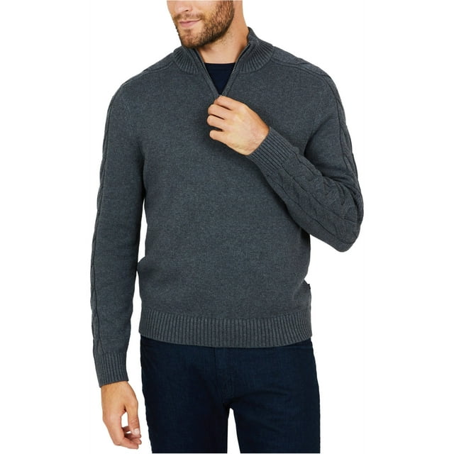 Nautica Mens Cable Sleeve Pullover Sweater, Grey, Large