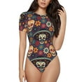 thumbnail image 2 of Uemuo Skulls and Flowers Pattern Women's One Piece Short Sleeve Swimsuit Rash Guard Surfing Modest Quick-drying Swimsuit Beach Essentials-X-Large, 2 of 9