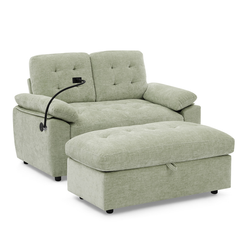Double Sofa Recliner with Storage Ottoman, Manual Adjustable Reclining Loveseat with USB Charging Port, Phone Stand, and Soft Padded Armrests for Living Room, Apartment, and Home Theater