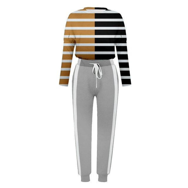 VBARHMQRT Tenues Mignonnes 2 Pcs pour Femmes Tenue des Années 70 Mode Féminine Ensemble Pantalon Décontracté à Rayures Color Block Col Rond Manches Longues avec Laçage