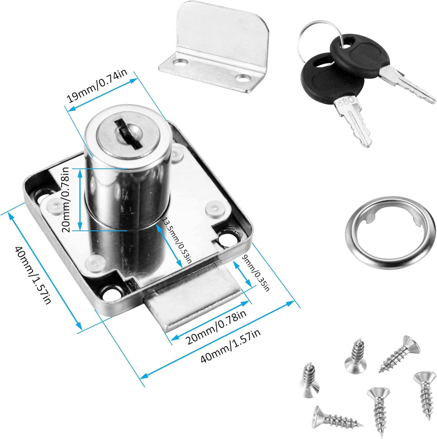 ABCISI 4 Pack Cabinet Drawer Locks with Keys, Keyed Alike Furniture Locker Lock, 3/4" 20mm Cylinder Cam Drawer Locks Chrome-Finish Zinc Alloy, Security cam Drawer Lock for Wardrobe Dresser Mailbox