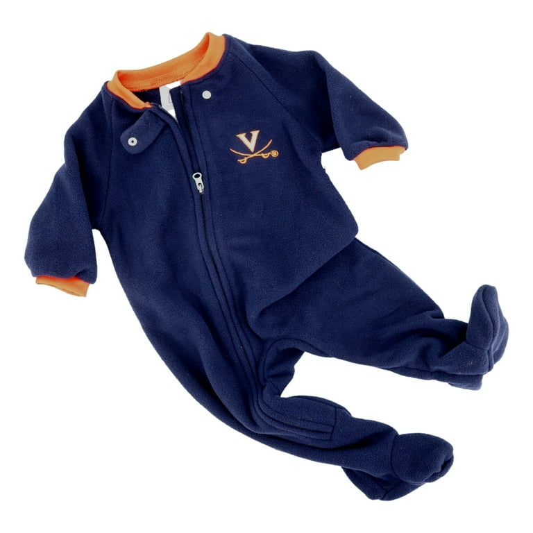 NCAA Virginia UVA Cavaliers Fleece Footed Bodysuit 0 3M Navy Long Sleeve Zipper Closure Sleeper Pajama Romper Polyester